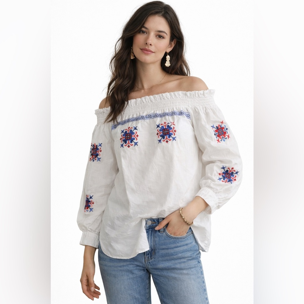 Vintage Italian Embroidered Off Shoulder Top Cotton Small